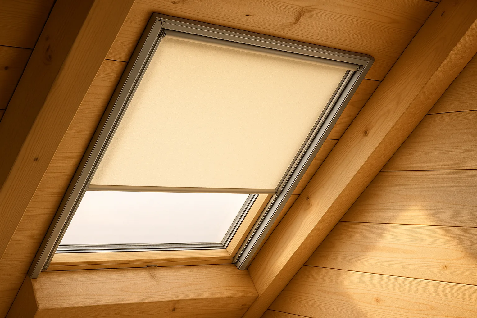 Рулонная штора с направляющими на наклонном мансардном окне Velux — натяжная система