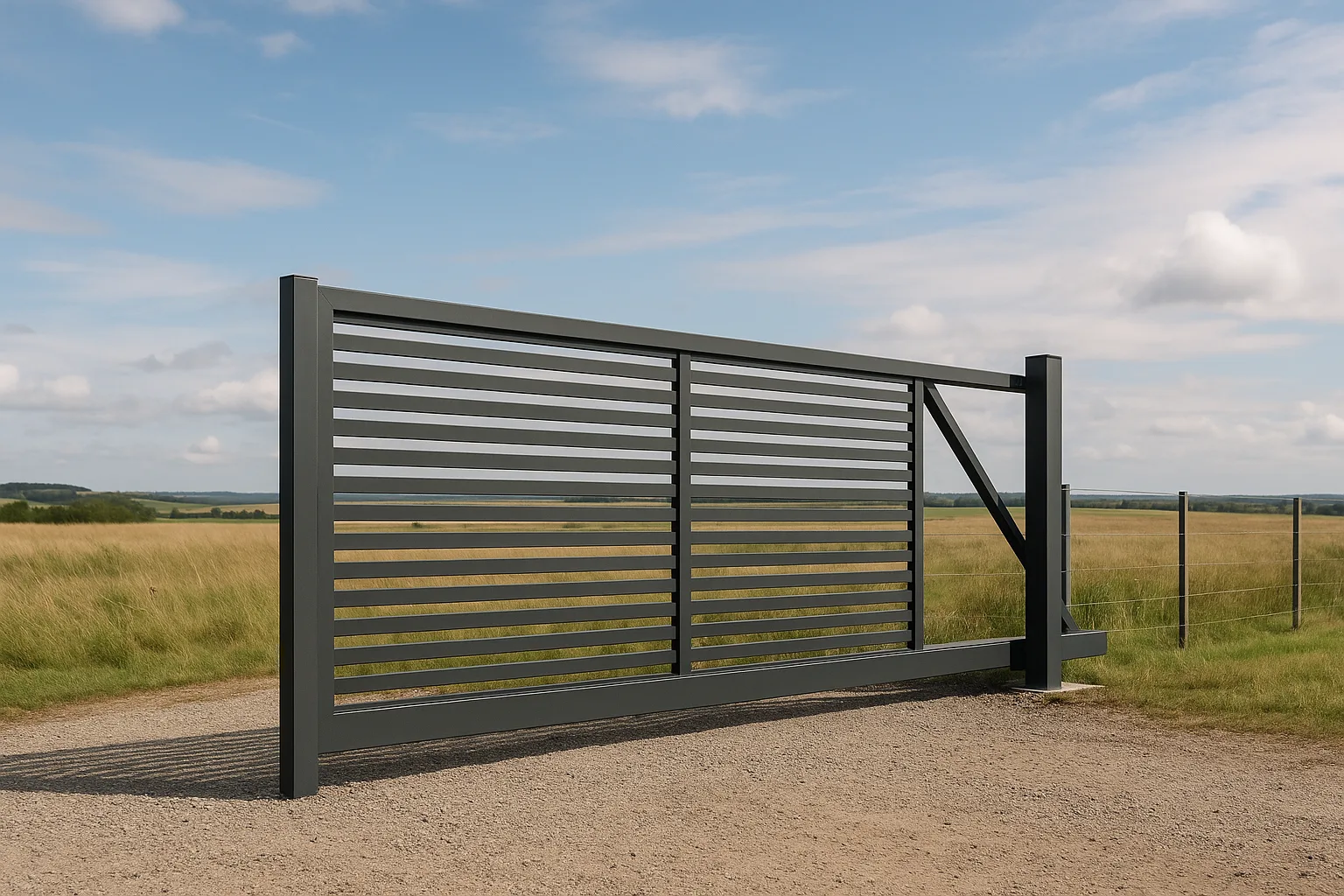 Откатные ворота с просветными алюминиевыми ламелями на открытом ветреном участке